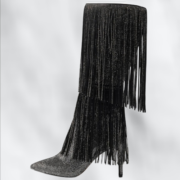 NWT Fringe Rhinestone Beaded Heeled Knee-High Boots Pointed Toe Metallic Boot - Picture 4 of 16